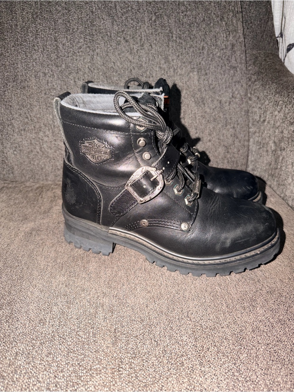 Harley-Davidson Black Lace-Up Leather Motorcycle Boots with Buckle